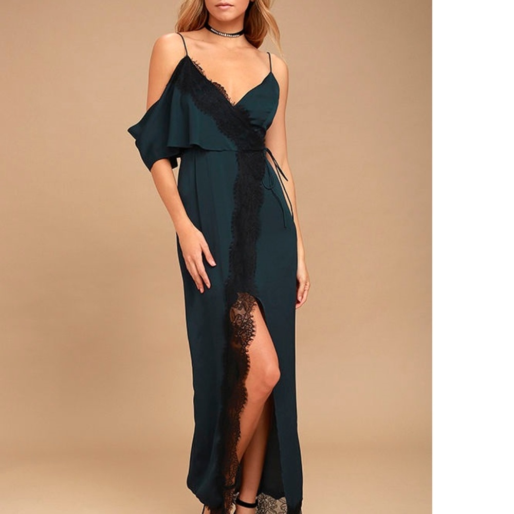 Keepsake Stop Me Navy Blue Lace One Shoulder Maxi